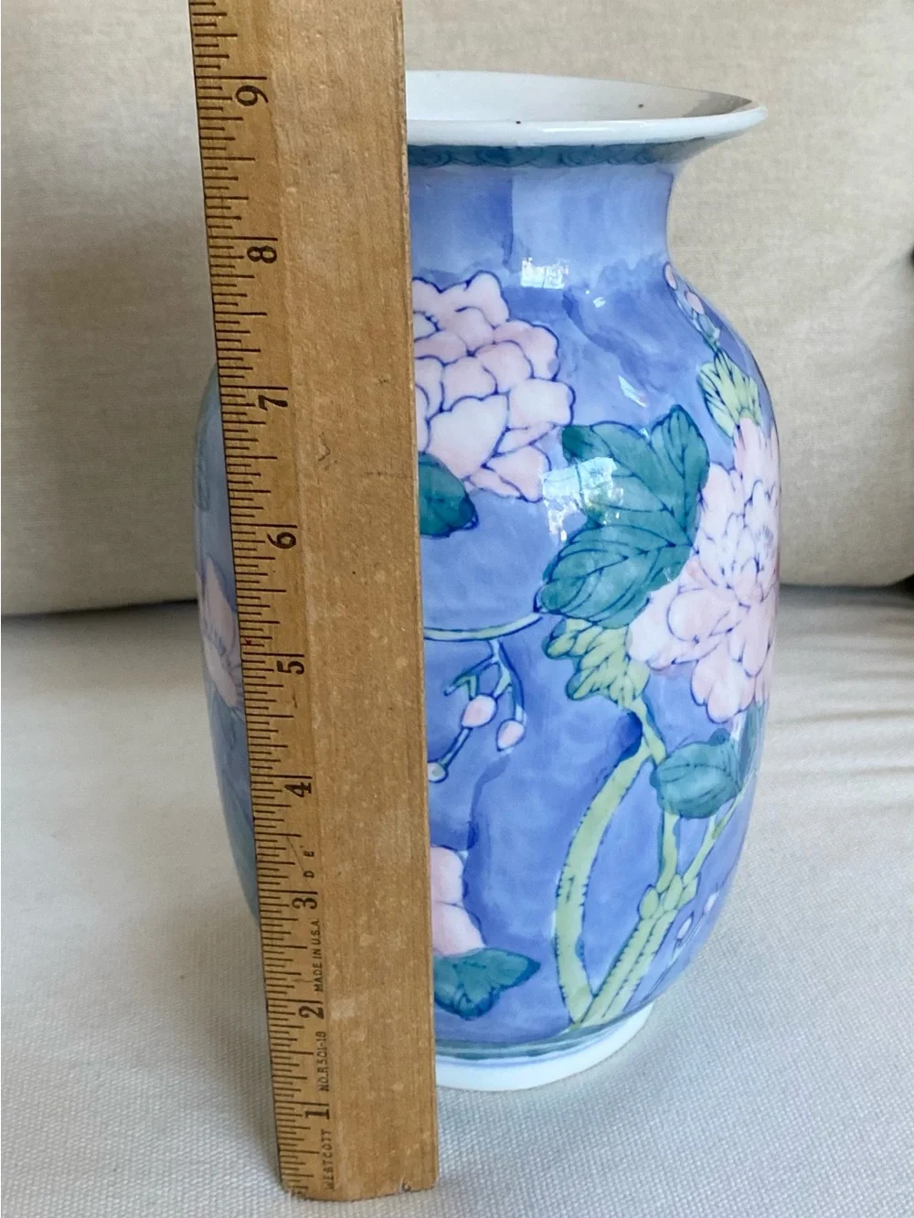 VTG Chinese Hand Painted Blue Pink Peony Flowers Porcelain Baluster Vase 8.5”